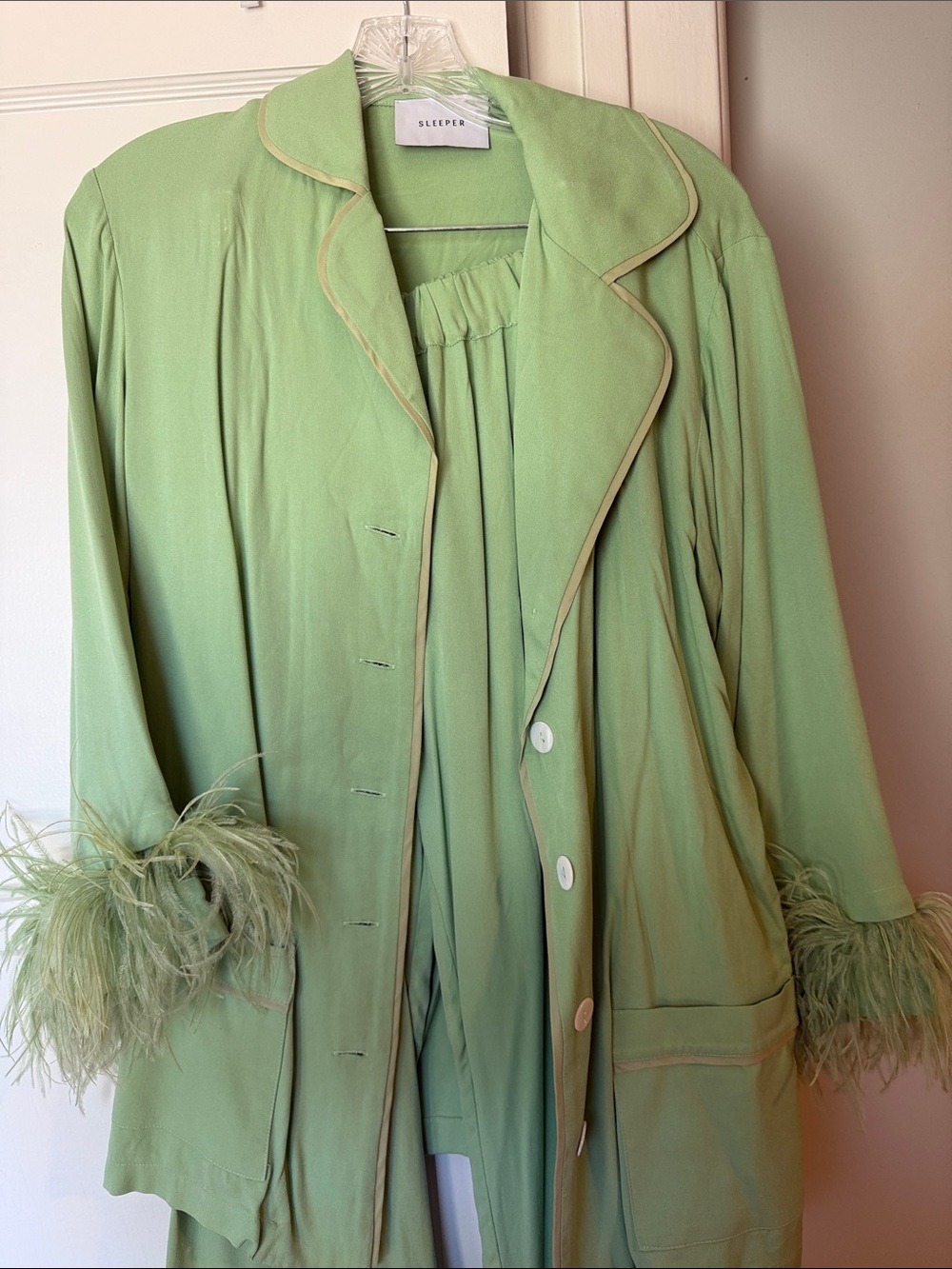 Sleeper Light Green Ostrich Feather-Trim Robe Set with Cream Piping